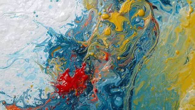 Vibrant fluid acrylic pouring creating intense blue yellow red marbled swirls and textured drops