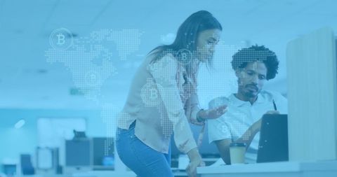 Global business innovation with cryptocurrency in office environment