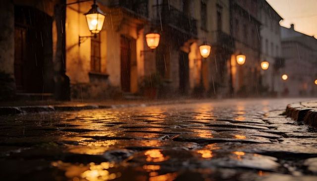 Rainy cobblestone street at dusk with warm lantern reflections and cinematic atmosphere
