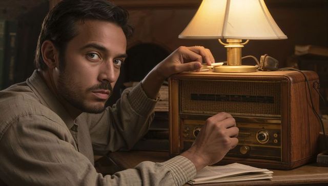 Focused man tuning vintage radio at wooden desk under warm lamp light, retro lifestyle