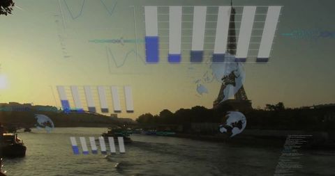 Modern Riverboat Cruise on Seine at Sunset with Data Visualizations