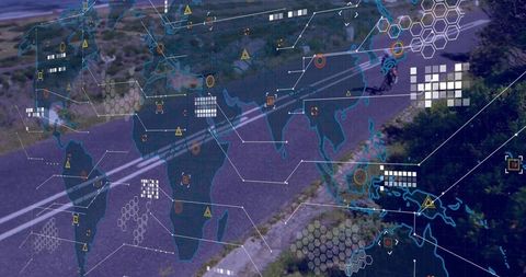 Female Cyclist Exploring Rural Road with Digital Overlay