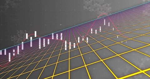 3d neon finance grid with candlestick chart and wireframe trend for trading dashboards