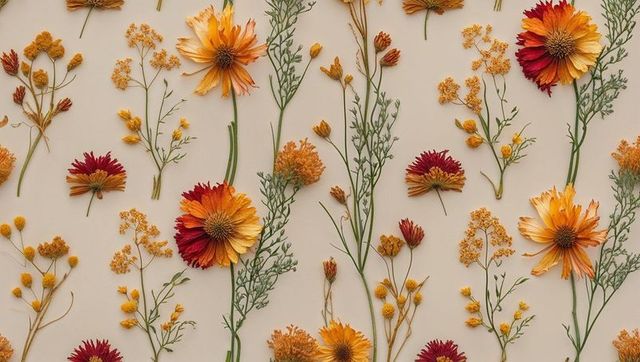 Dried Daisy Flowers and Yellow Buds Flatlay on Cream Surface