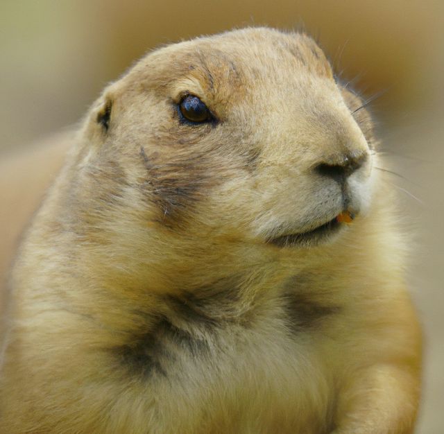 A detailed close-up of a prairie dog's face in its natural habitat, this image captures the fine details of its fur, eyes, and facial expression. Perfect for use in wildlife blogs, educational materials on mammals, nature conservation projects, and environmental awareness campaigns.