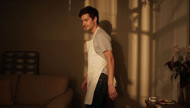 Sunlit home cook wearing white apron placing plate on side table in cozy living room