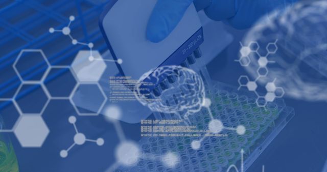 Depicts a scientist engaging in genetic research in a laboratory setting. The image features a hand using a pipette to work with a 96-well plate, overlaid with molecular structures, DNA helix, and brain graphics, symbolizing advanced biotech and medical research. Useful for illustrating concepts in genetics, biotechnology, and biomedical research or for use in scientific publications, educational materials, and health-related content.