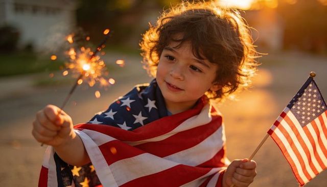 Young child celebrating independence day holding sparkler wrapped in american flag at sunset