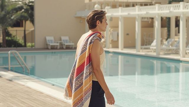 Young man strolling poolside with striped towel at sunlit resort pool