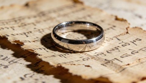 Polished silver wedding band resting on antique hebrew manuscript, vintage parchment closeup