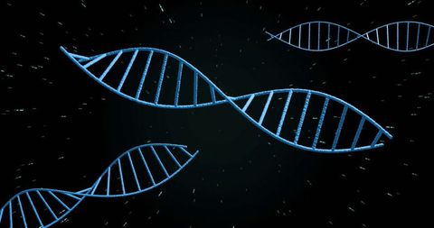 Floating Blue DNA Helices Amidst Glowing Particles in Dark Background