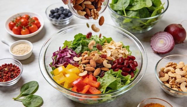 Pouring mixed nuts topping vibrant garden salad with spinach, peppers, beans and berries