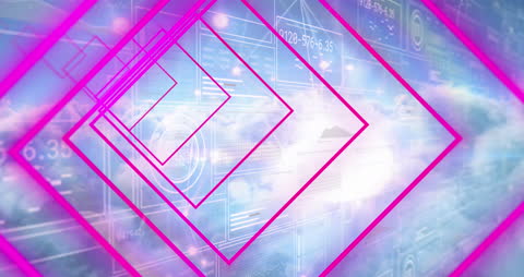 Futuristic Neon and Data Graphics Over Cloudy Skyscape