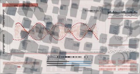 Abstract data dashboard featuring red dotted helix, 3d module blocks and genomics network