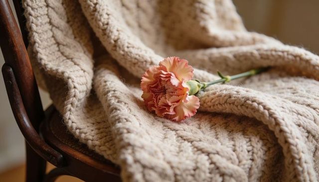 Peach carnation resting on beige cable-knit throw draped over wooden chair