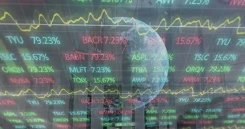 Global Stock Market Data Overlay on Cityscape and Globe