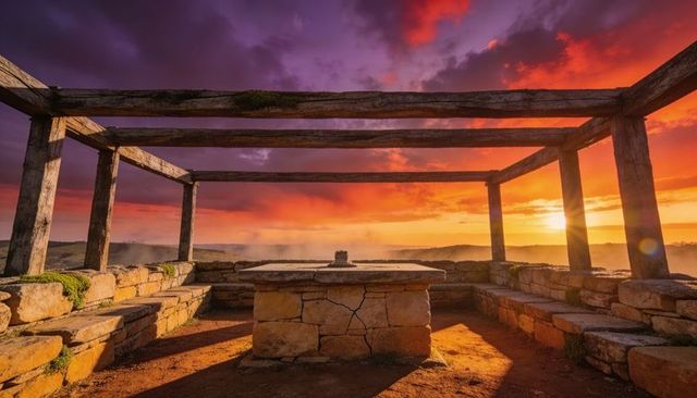 Sunset altar on mossy pergola at hilltop overlooking misty horizon during golden hour