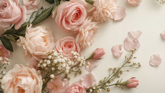 Displaying Pale Pink and Peach Roses Flatlay with Baby's Breath and Scattered Petals
