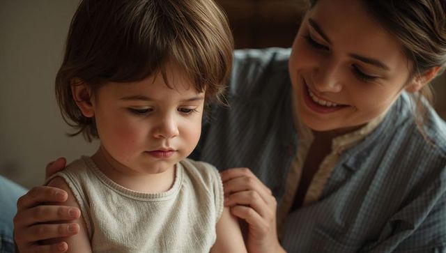 Caregiver comforting preschool child at home showing nurturing bond and gentle support