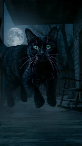Leaping black cat landing on moonlit porch, stepping toward outstretched human hand, vertical video