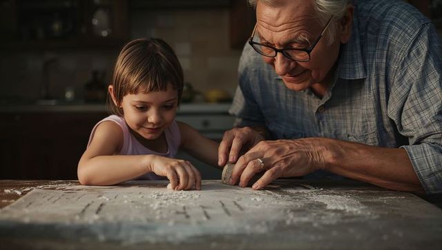 Grandfather and Granddaughter Bonding Through Dough Shaping