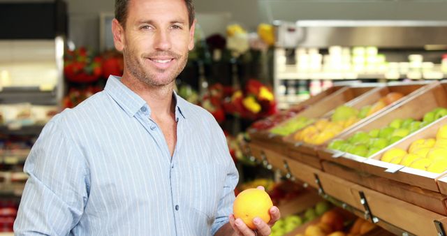 Man wearing casual clothes shopping for fresh fruits. He is holding an orange while smiling at camera. Surroundings include shelves of various fresh produce in a supermarket. Suitable for concepts related to healthy living, grocery shopping, lifestyle, nutrition, and daily life.