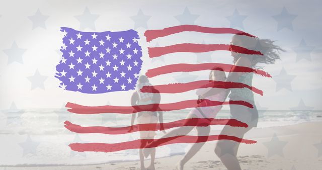 Children enjoying a day at the beach with the American flag overlay, symbolizing patriotism and summer holidays. Ideal for use in 4th of July promotions, summer travel advertising, family vacation brochures, and patriotic-themed content.
