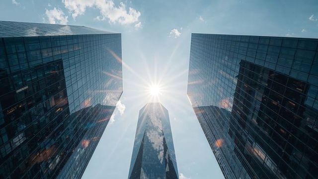 Sunburst Between Reflective Skyscrapers with Lens Flare