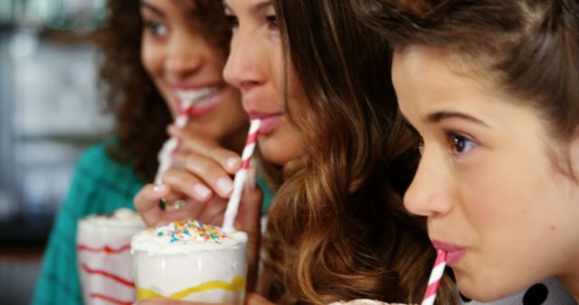 Women and Girl Enjoying Milkshakes Together in Cafe - Download Free Stock Images Pikwizard.com