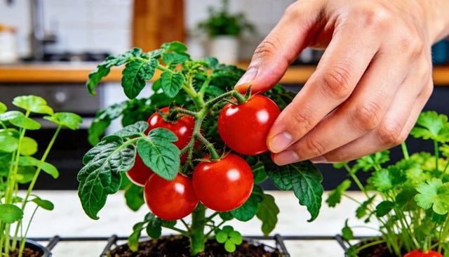 Hand picking ripe cherry tomatoes on potted tomato plant kitchen counter homegrown