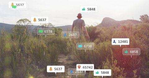 Hiker Navigating Digital Notifications in Remote Wilderness Backdrop