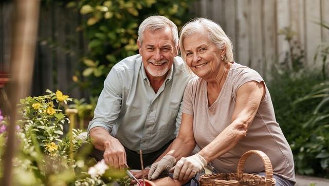 Senior Couple Gardening Together Joyfully Under Sun