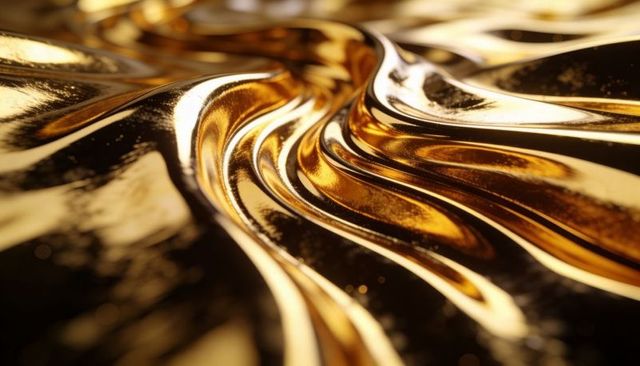 Liquid gold flow abstract metallic swirls high gloss luxury background macro closeup