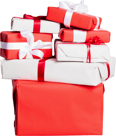 Stack of red and white wrapped presents on transparent background