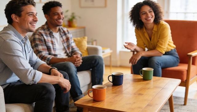 Friends enjoying coffee and conversation in sunlit living room, relaxed midcentury vibe