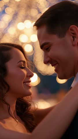 Smiling Couple Leaning In under String Lights Celebrating Romantic Reception Dance