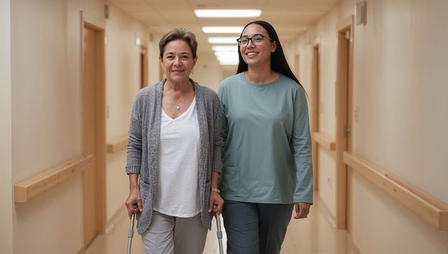 Female caregiver assisting senior woman walking with walker down care facility corridor