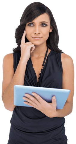 Transparent thoughtful woman with tablet considering idea