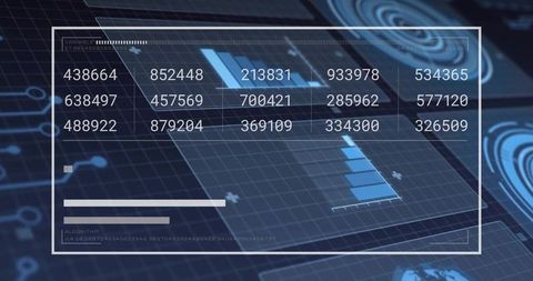 Futuristic HUD analytics dashboard displaying six-digit data columns and blue bar charts