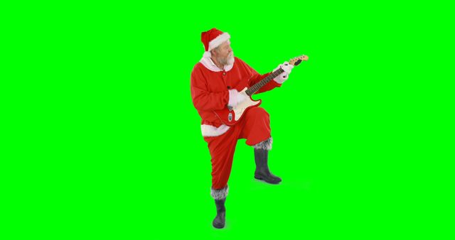 Santa Claus dressed in traditional red suit and hat playing electric guitar, looking energetic on green screen background. Ideal for holiday promotions, fun Christmas-themed advertisements, music videos, greeting e-cards, and social media posts celebrating the festive season.
