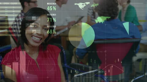 Smiling Businesswoman Surrounded by Financial Data and Global Charts