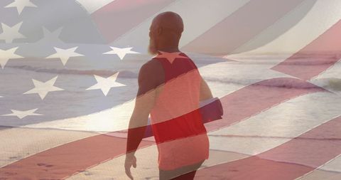 Senior Man with Yoga Mat Overlaid by American Spirit