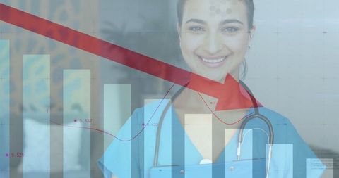 Smiling Medical Professional Analyzing Declining Healthcare Data