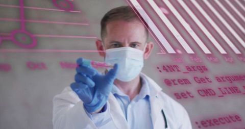 Researcher inspecting microtube with pipette against neon code overlay in biotech lab
