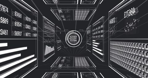 Futuristic Data Tunnel Showing Central Circular HUD with Stacked Numeric Readouts, Wireframe Panels