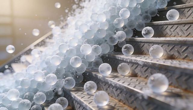 Cascading frosted glass orbs rolling down diamond-plate stairs scattering ice crystals