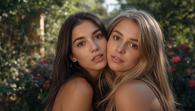 Two Women Embracing in Lush Garden, Celebrating Friendship