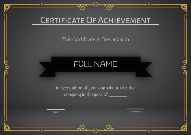 This elegant certificate of achievement template features a sophisticated black ribbon design that is perfect for recognizing outstanding contributions to a company or organization. With areas for the recipient's name, year of recognition, date, and signature, this professional certificate can be customized for various achievements and awards. Ideal for corporate recognition events, employee awards, educational accomplishments, and other formal occasions.