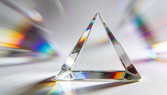 Crystal prism refracting rainbow spectrum with triangular facets and radiant light streaks