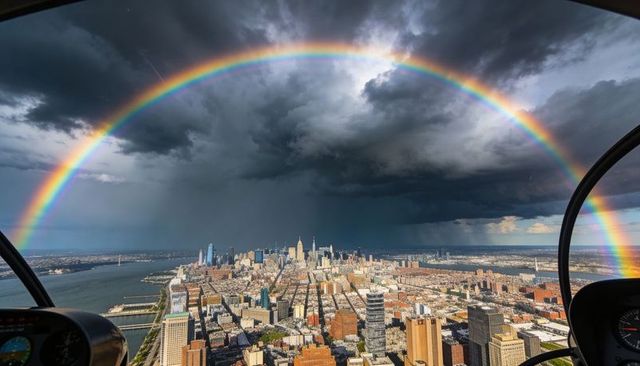 Cockpit framing vivid rainbow arching over manhattan skyline during dramatic storm